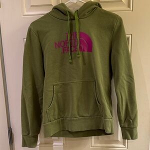 The North Face Olive Green Hoodie with Pink Logo